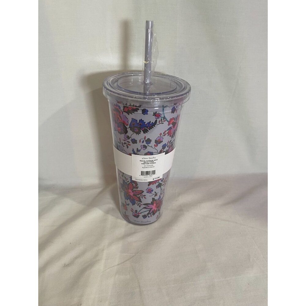 Vera Bradley Vineyard Floral 24oz Travel Tumbler Purple Flower Bird Straw New